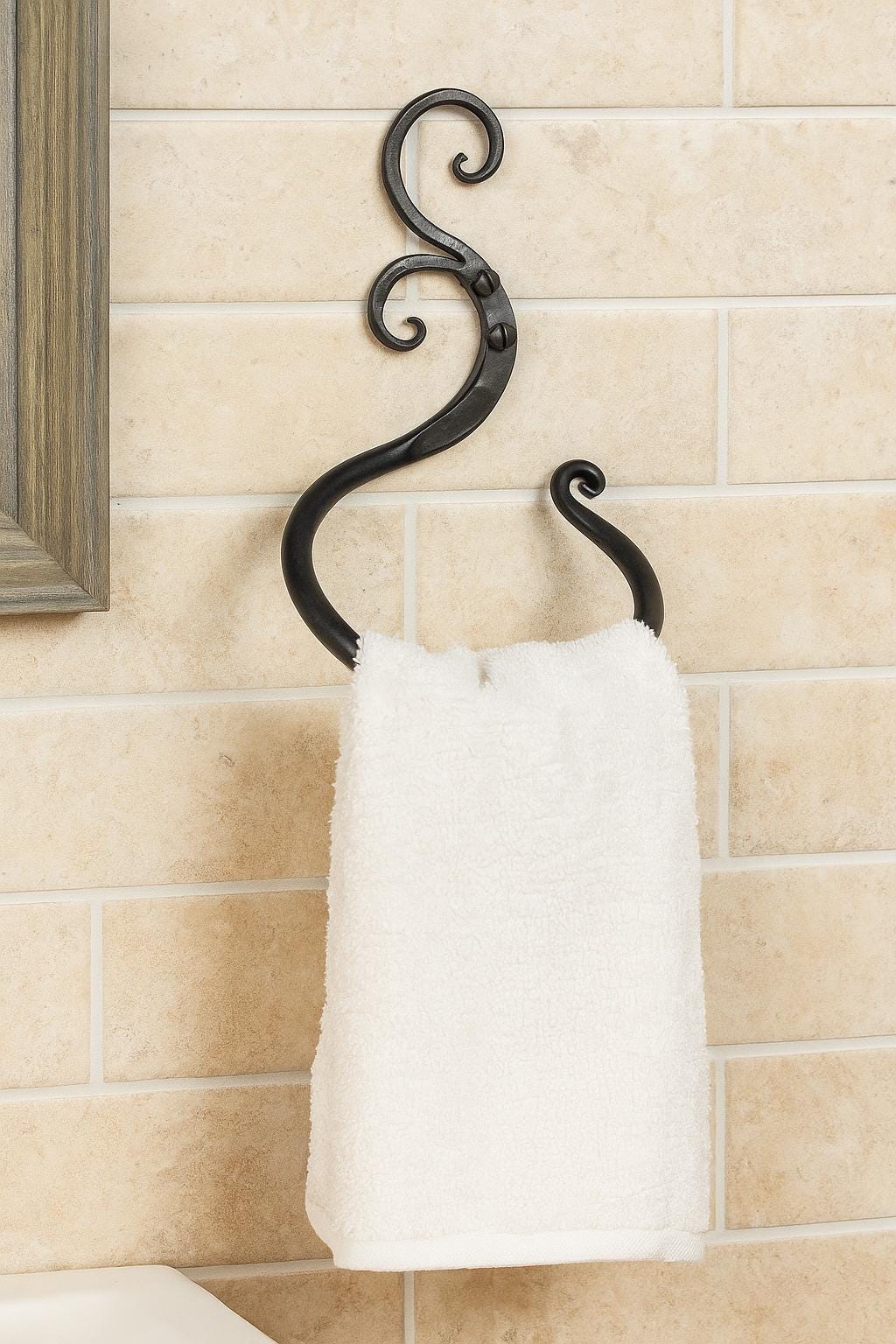 Double Scroll Wrought Iron Towel Ring - Handmade in Vermont, Unique Bathroom Decor